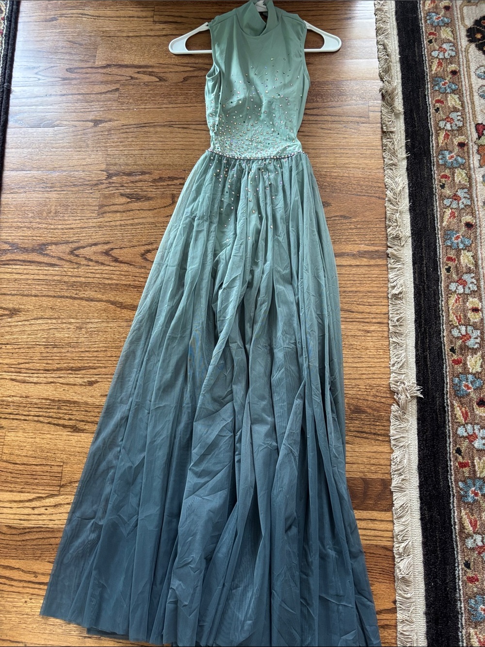 Weissman Sage Green Beaded Tulle Evening Gown